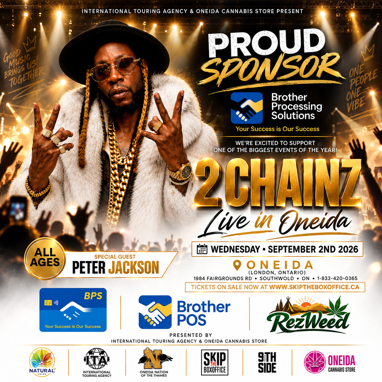 2 Chainz Live in Oneida event poster featuring 2 Chainz in a white fur coat and gold jewelry, with event details for September 2, 2026 in Oneida, Ontario