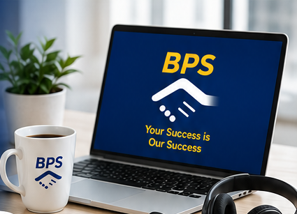 A home workspace with a laptop and mug showing the Brother Processing Solutions logo and the tagline Your Success is Our Success